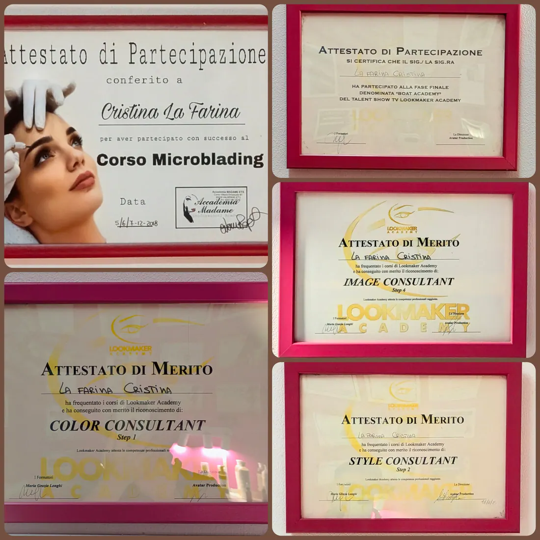 Collage degli attestati RÈA: microblading e consulenza d'immagine, colore e stile