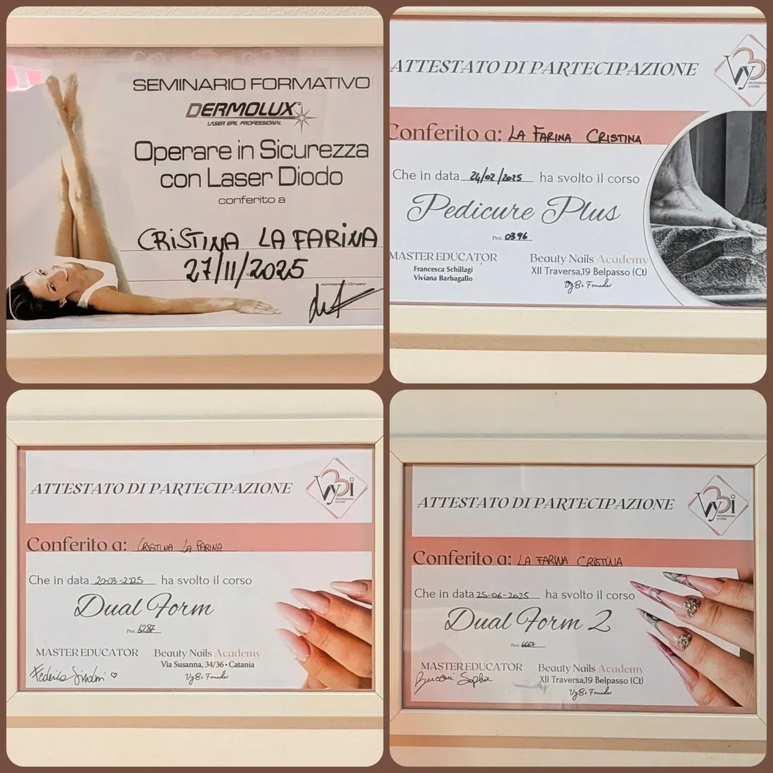 Collage degli attestati RÈA: laser a diodo, Pedicure Plus e tecniche Dual Form