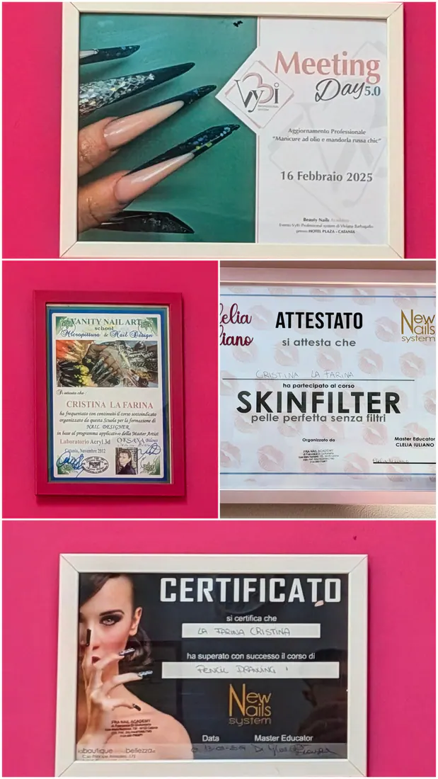 Collage degli attestati RÈA: nail design, manicure, Skinfilter e Pencil Drawing