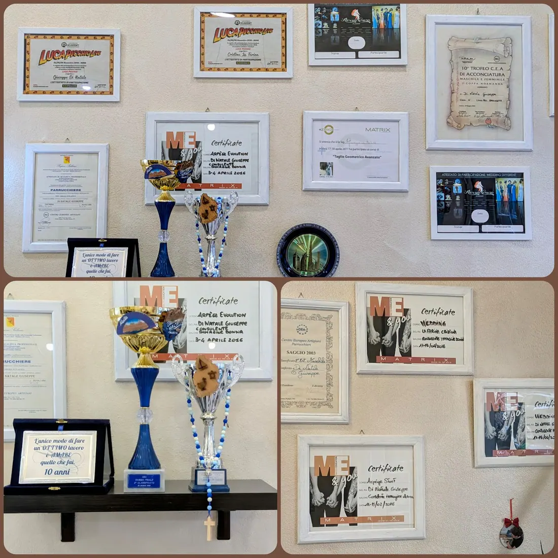 Collage di attestati hair, trofei e riconoscimenti professionali del team RÈA